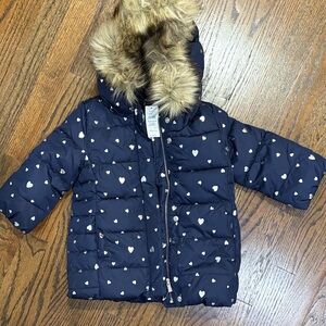 Gap Toddler Girl Navy Heart Print Puffer Jacket with Faux Fur Hood
